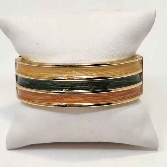 Gold Tone Wide Clamper Hinge Cuff Bracelet Cream Green Orange Shimmer Enamel - Picture 1 of 6